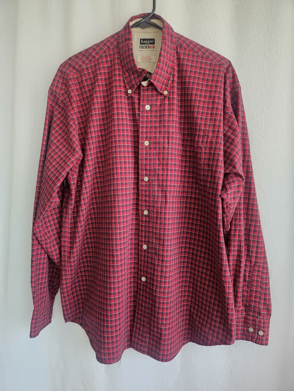 Haggar Forever New Mens Large Red Plaid Button Down Shirt Long Sleeve